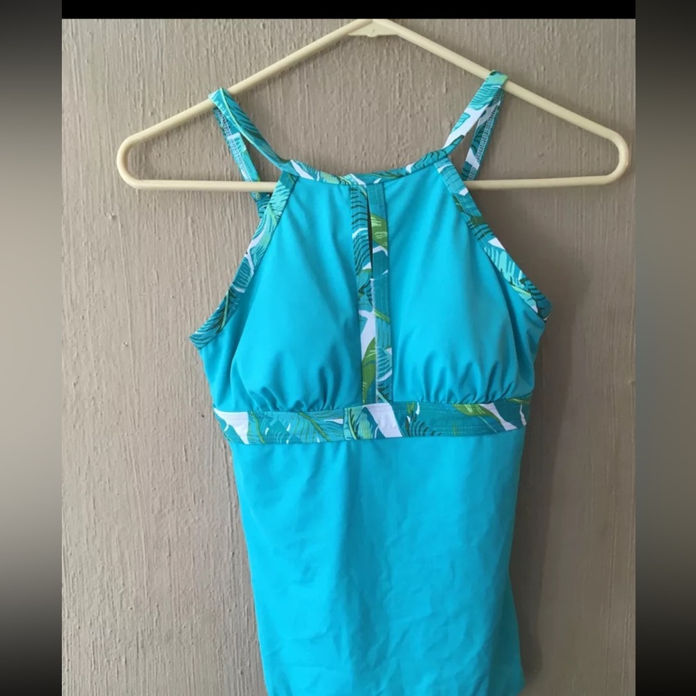 LANDS' END XS 2 High Neck Modest Tankini Swim Top Strappy  Turquoise 513793 Leaf